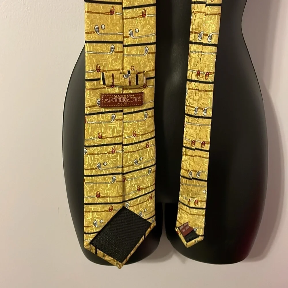 Museum Artifacts Handmade Yellow Golf Club Striped Silk Necktie Tie